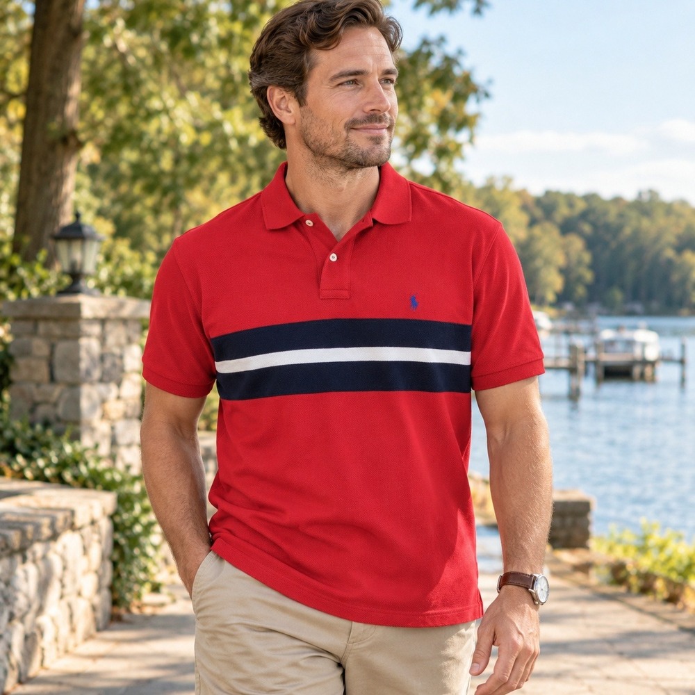 Polo Ralph Lauren Vintage Polo Shirt Colorblock Stripe Red Blue NWT Men's Large